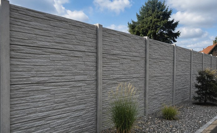 Beispielhafter Betonzaun mit Steinoptik entlang eines Grundstücks