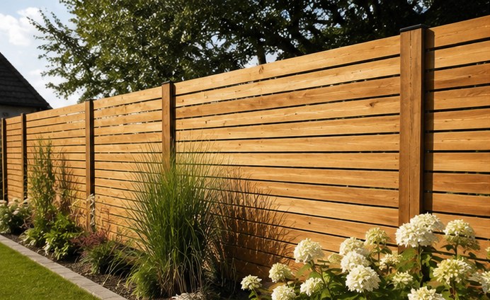 Beispielhafter Holzzaun mit horizontalen Latten in einem Garten
